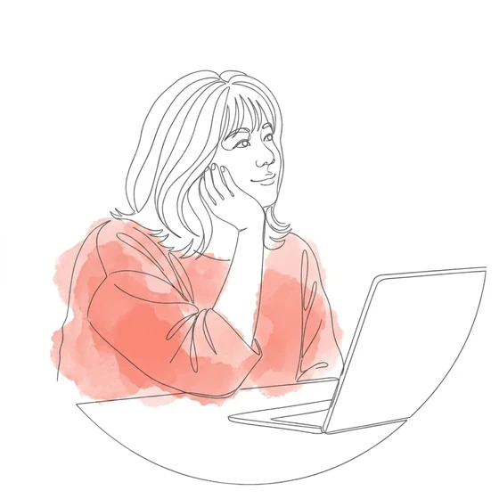 いろはのイラスト：ノートパソコンの前で頬づえをつき、微笑む女性
